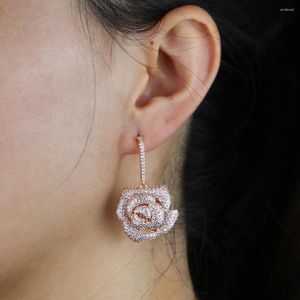 Boucles d'oreilles pendantes luxe mode femmes bijoux étincelles Bling clair cubique zircone Cz Rose fleur goutte boucle d'oreille