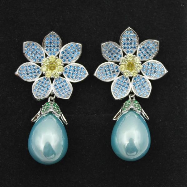 Pendientes colgantes de flores de lujo para mujer, circonita azul champán, perla, joyería para fiesta y boda, regalo para mujer