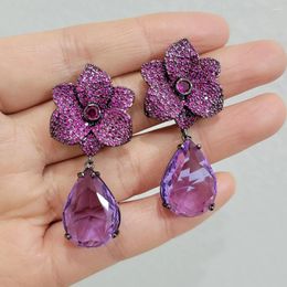 Boucles d'oreilles pendantes fleur de luxe pour femmes, tendance, fait à la main, Zircon violet vert goutte d'eau, bijoux de fête de mariage, cadeau pour femme