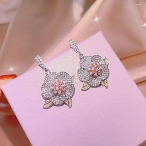 Boucles d'oreilles pendantes de luxe pour femmes, anneaux en forme de fleur, bijoux brillants pour fête de mariage, fiançailles