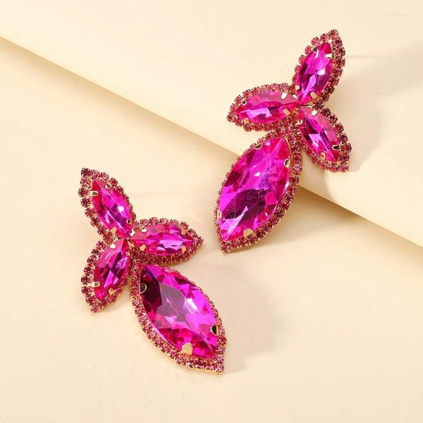 Pendientes colgantes lujo para mujeres niñas elegantes hojas de metal fucsia crystal brincos joyas accesorios de orejas