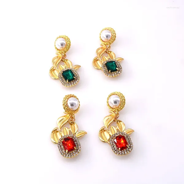 Pendientes colgantes de lujo con piedra geométrica roja y verde para mujer, Color dorado antiguo, diamantes de imitación coloridos, gota Original