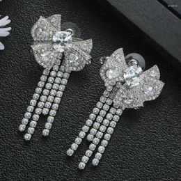Boucles d'oreilles pendantes géométrie de luxe stéréoscopique Bowknot gland boucle d'oreille pour mariage fête de fiançailles habiller cubique zircone bijoux femmes A0244