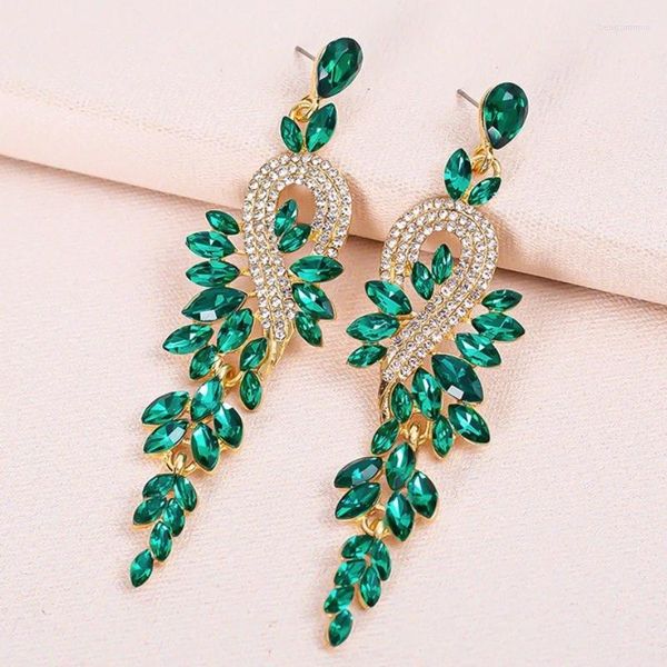 Pendientes colgantes de lujo de Color dorado, verde profundo, azul, cristal completo, diamantes de imitación, colgante en forma de hoja de uva, gota exagerada para joyería de mujer