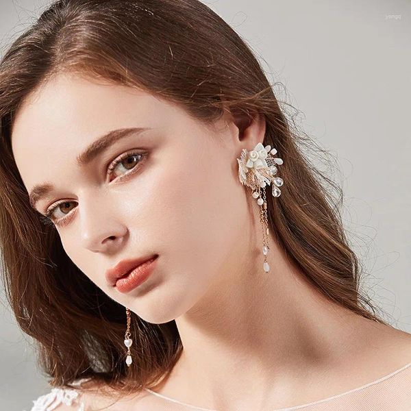 Boucles d'oreilles pendantes de luxe en gaze faite à la main, fleur en céramique pour femmes, pompon strass, accessoires de fête de voyage élégants pour mariée