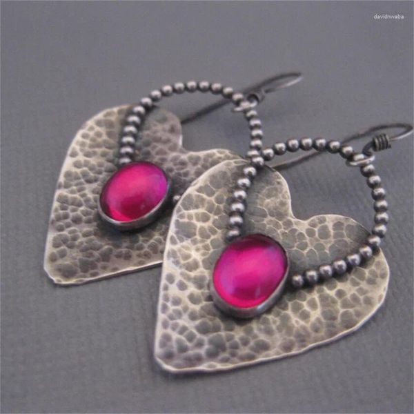 Pendientes colgantes con gancho de piedra roja y corazón de lujo para mujer, joyería de Color plateado