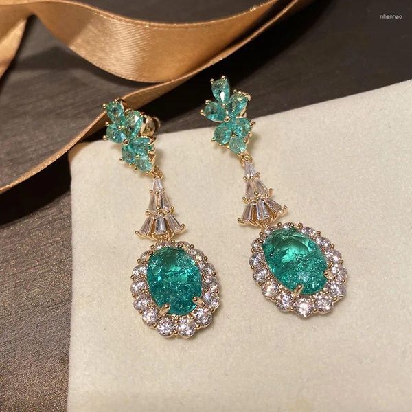 Boucles d'oreilles pendantes pour femmes, bijoux de luxe, vert océan, cristal cassé, rétro, simulation goutte d'eau émeraude, longue en forme de poire