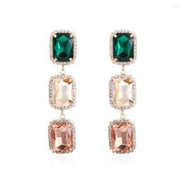 Boucles d'oreilles pendantes de luxe longues strass colorées carrées pour femmes bohême géométrique pendentif en verre scintillant suspendu boucle d'oreille bijoux