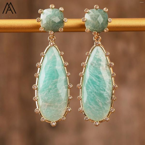 Boucles d'oreilles longues de luxe pour femmes, en forme de larme, Amazonite, pierres précieuses, clous élégants, audacieux, bijoux de fête de mariage, cadeaux, vente en gros