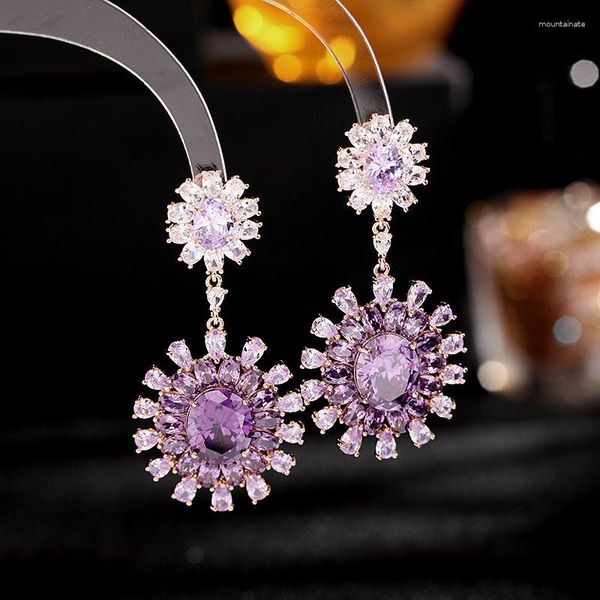 Boucles d'oreilles pendantes de luxe violet jaune zircone cubique pierre tournesol goutte boucle d'oreille femmes fête bohème ethnique pour bijoux de bal de mariage