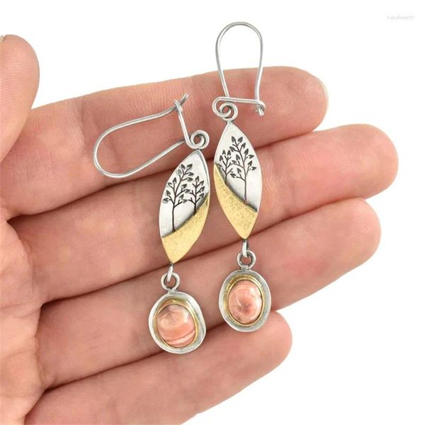 Boucles d'oreilles pendantes de luxe pour femmes, rondes, ovales, géométriques, feuille d'arbre, couleur argent, métal incrusté de pierres roses, bijoux