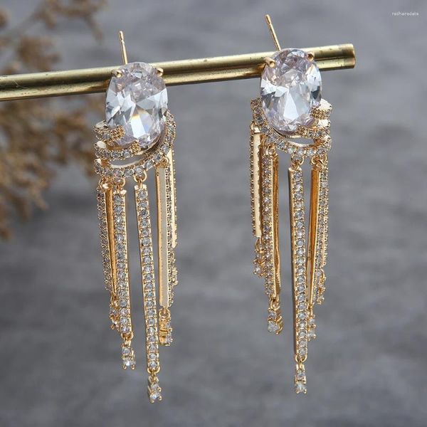 Boucles d'oreilles pendantes de luxe pour femmes, pompons, Elipse, zircone cubique, robe d'anniversaire, fête de mariée, dubaï, goutte d'eau, E5622