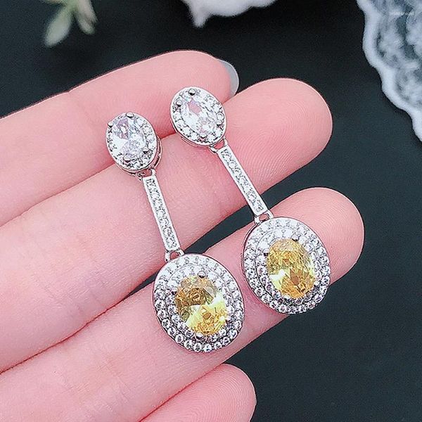 Pendientes colgantes de lujo de cristal amarillo citrino piedras preciosas gota de diamante para mujeres joyería de color oro blanco accesorios de vestido de fiesta Brincos