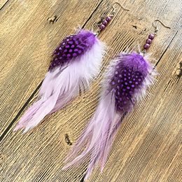Boucles d'oreilles pendantes MG ethnique Nature violet blanc plume pour femmes perles pendentif longue goutte bohème bijoux accessoires