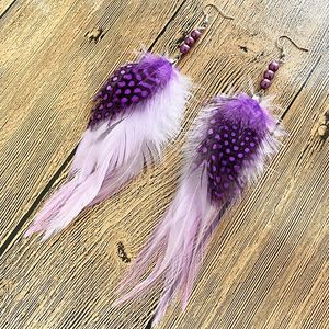 Boucles d'oreilles pendantes MG ethnique Nature violet blanc plume pour femmes perles pendentif longue goutte bohème bijoux accessoires