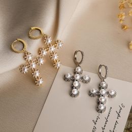 Dange oorbellen Mafisar Vintage Boheemse sieraden Goud/zilveren kleur Kruisdruppel voor vrouwen feest Pearl cz zirkon