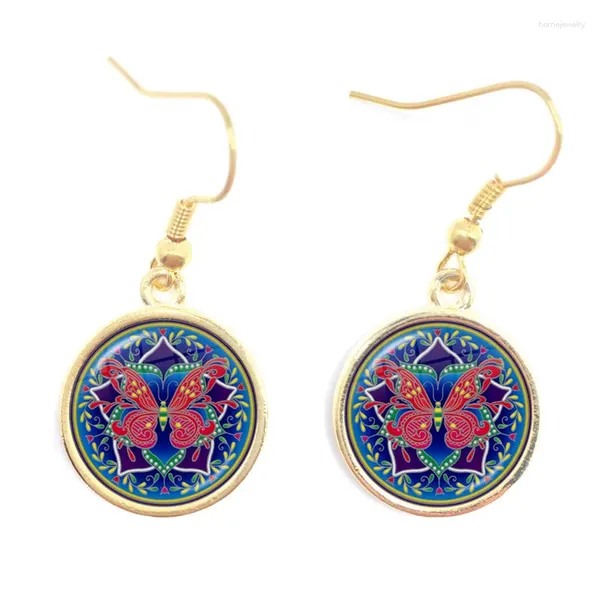 Boucles d'oreilles en pente Mandala Fleur papillon om symbole bouddhisme zen image verre cabochon drop boucle oreille vintage golden couleur bijoux