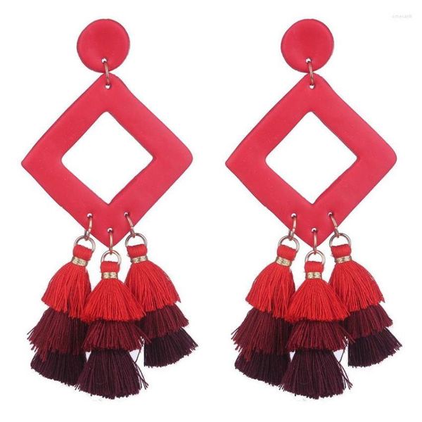 Boucles d'oreilles pendantes en argile polymère avec découpe géométrique manuelle, triple pompon en losange pour femmes, couleur rouge et noir, bijoux bohème, cadeau, vente en gros