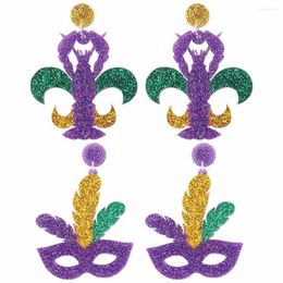 Bengelen oorbellen mardi gras voor vrouwen fleur de lis /kroon /mardi masker acryl paars groene gele glitter party accessorie