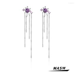 Bengelen oorbellen masw origineel ontwerp paarse zirkoon stijl geometrische metalen messing kralenketen vrouwen sieraden
