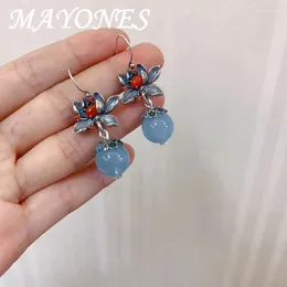 Boucles d'oreilles pendantes MAYONES 925 argent Sterling sud rouge Agate aigue-marine perle goutte Vintage Original fait à la main fleur de Lotus petite