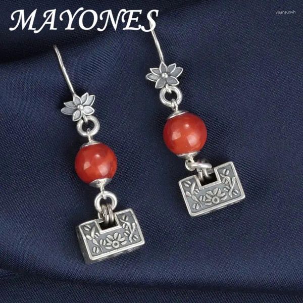 Boucles d'oreilles en peluche Mayones S925 STERLING Silver South Red Agate Ruyi Lock Women Retro Style Lotus Hanging Bijoux en gros EH235