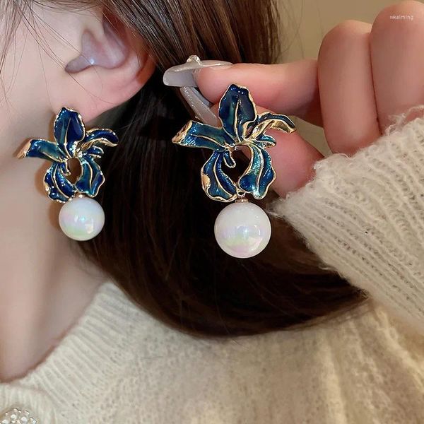 Boucles d'oreilles pendantes médiévales Vintage goutte d'huile fleur ronde perle goutte français rétro lumière luxe bijoux pour femmes Pendientes Mujer