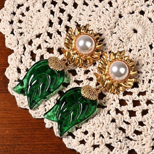 Boucles d'oreilles pendantes médiévales Vintage cristal vert tournesol tempérament fleurs feuille pendentif pour femmes français