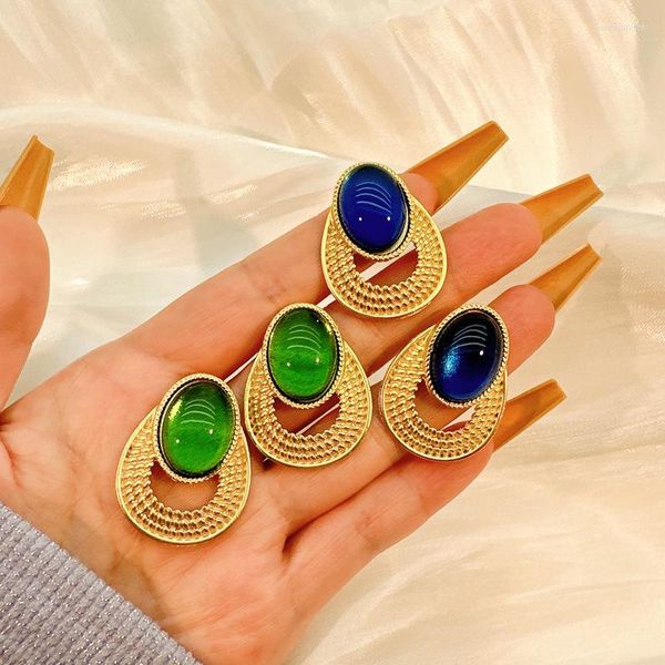 Pendientes colgantes medievales con piedra grande chapado en oro, aretes de cristal verde, organizador de joyas de diamantes de imitación naturales para mujer