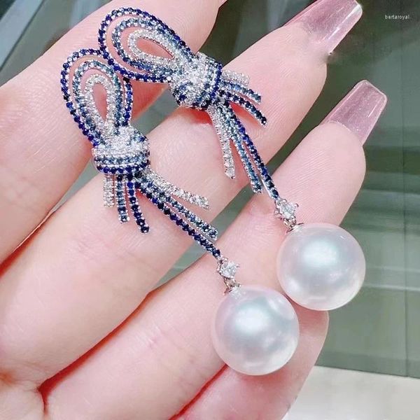 MeiBaPJ – boucles d'oreilles pendantes en argent 925 véritable, perle naturelle, pierre bleue, grand nœud, plateau vide, breloque Fine, bijoux de mariage pour femmes