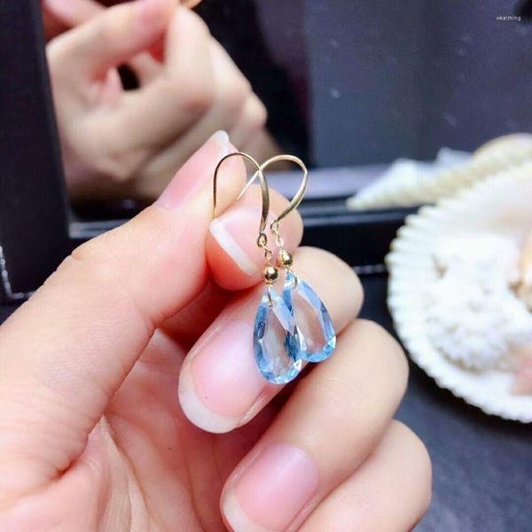 Boucles d'oreilles pendantes MeiBaPJ véritable or 18K topaze bleu ciel naturel classique Rectangle goutte d'eau bijoux à breloques fines pour les femmes