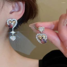 Dangle Oorbellen MENGJIQIAO Koreaanse Zirconia Asymmetrische Liefde Drop Voor Vrouwen Mode Luxe Paars Kristal Hart Pendientes Sieraden