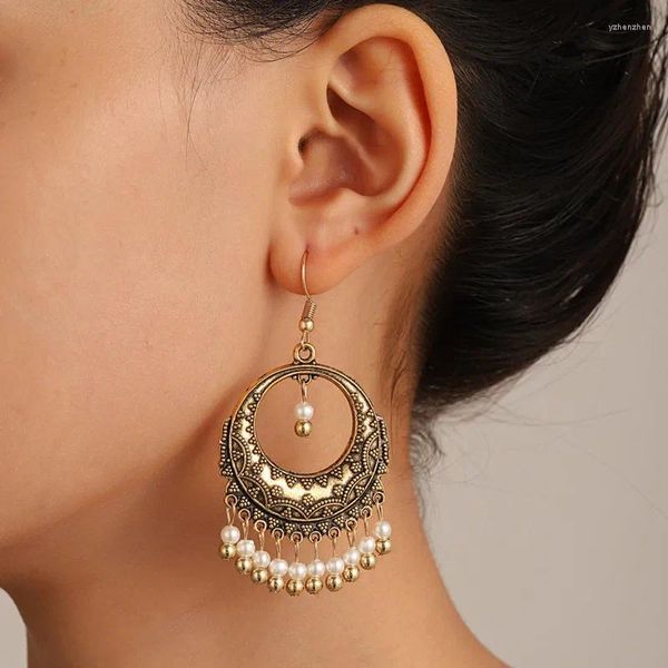 Boucles d'oreilles pendantes en métal sculpté fleur perles creuses pendentif femme bohème Vintage Style ethnique Long gland tendance grand