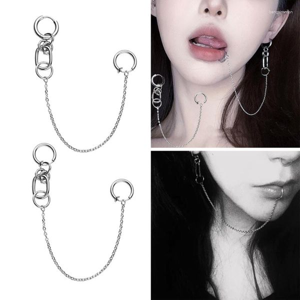 Boucles d'oreilles pendantes en métal, faux anneau à lèvres avec longues chaînes, Clip d'oreille sans perçage