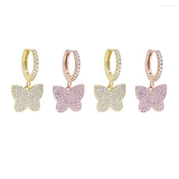 Boucles d'oreilles pendantes Micro Pave Cubic Zirconia White Pink CZ Butterfly Charm Drop Earring