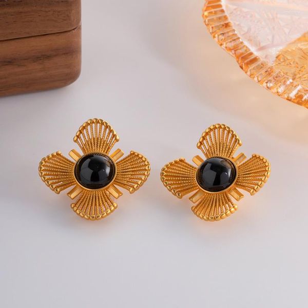 Pendientes colgantes Minar Flor de piedra de cristal de color negro para mujer Pendiente floral hueco de acero de titanio chapado en oro de 18 quilates