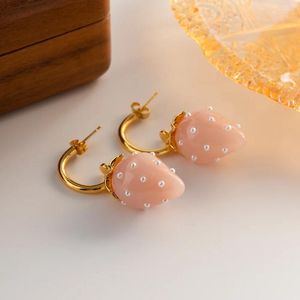 Pendientes colgantes Minar Estilo chino 18K Latón chapado en oro real Perla de imitación Color rosa Resina Fruta Fresa Gota larga para mujer