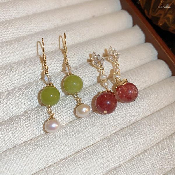 Boucles d'oreilles pendantes Minar Style chinois perle d'eau douce pierre naturelle Agate fleur brillant CZ Zircon longue boucle d'oreille gland pour les femmes