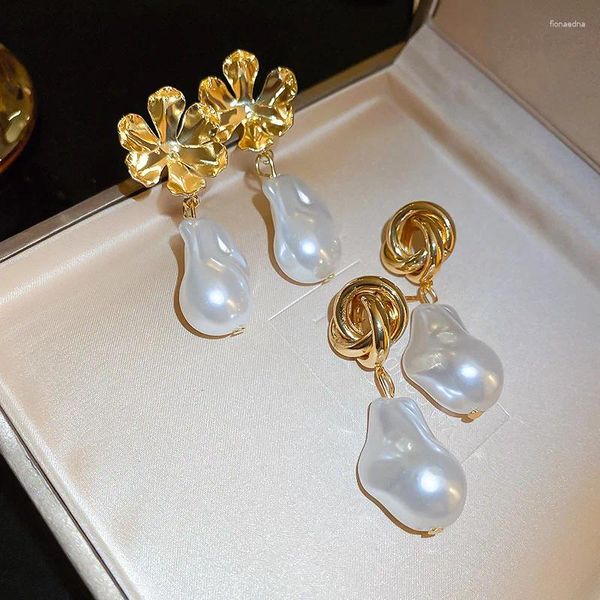 Boucles d'oreilles Minar élégantes, 2 modèles, couleur or, fleur en métal nouée, perle baroque irrégulière, longue, bijoux de mariage pour femmes