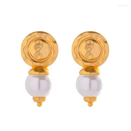 Boucles d'oreilles pendantes Minar élégant rond simulé perle pour femmes Femme 14K plaqué or laiton pendentif goutte bijoux de mariage