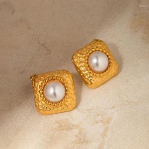 Boucles d'oreilles pendantes Minar français simulé perle marteau ton goutte carrée pour femmes or 18 carats plaqué PVD boucle d'oreille en acier inoxydable non ternissante