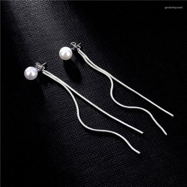 Boucles d'oreilles pendantes Minar mode coréenne Imitation perle longue chaîne gland boucle d'oreille pour les femmes couleur argent métal goutte bijoux de mariée