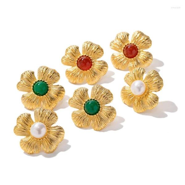 Pendientes colgantes Minar Lujo Rojo Ágata verde Piedra natural Perla de agua dulce Gota de flor Pendiente de latón chapado en oro de 18 quilates para joyería de mujer