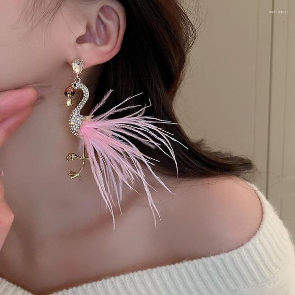 Boucles d'oreilles Minar personnalité rose couleur plume flamant longue pour les femmes brillant strass Animal fête bijoux