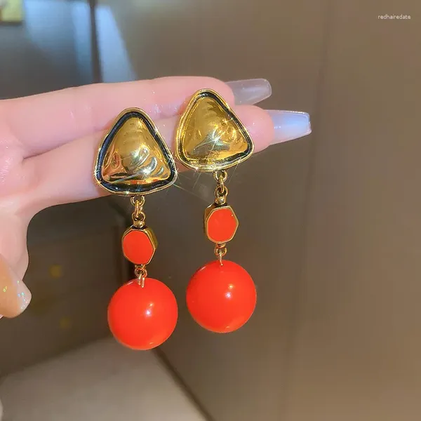 Boucles d'oreilles pendantes Minar rétro couleur rouge émail acrylique Triangle boule pour femmes plaqué or métal géométrique longue boucle d'oreille suspendue