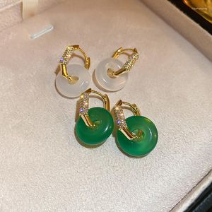 Bengelen oorbellen minar retro witte groene kleur natuursteen hetian jade hoepel voor vrouwen 14k goud vergulde koper cz zirkooncirkel oorrang