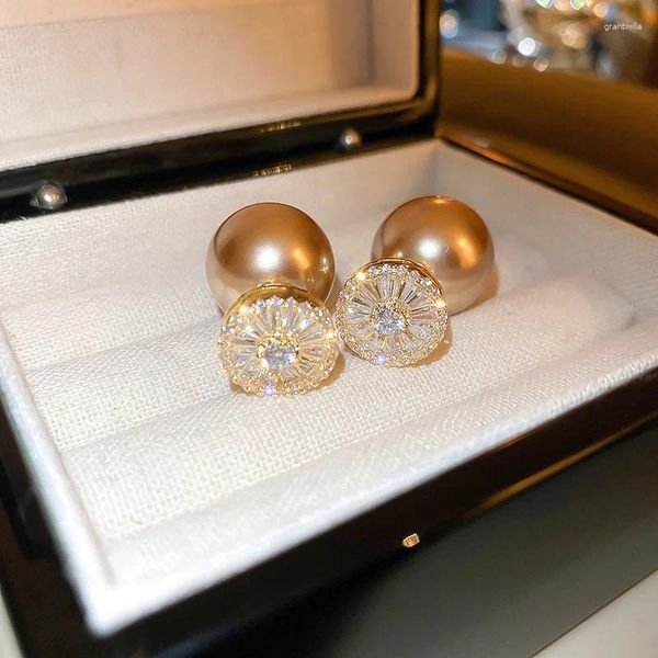 Boucles d'oreilles pendantes Minar tempérament couleur champagne goutte de perle simulée pour femmes 14K véritable plaqué or cuivre CZ cubique Zircon boucle d'oreille