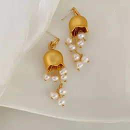 Boucles d'oreilles pendantes Minar tendance perle d'eau douce muguet goutte pour femmes mat or argent plaqué laiton fleur boucle d'oreille