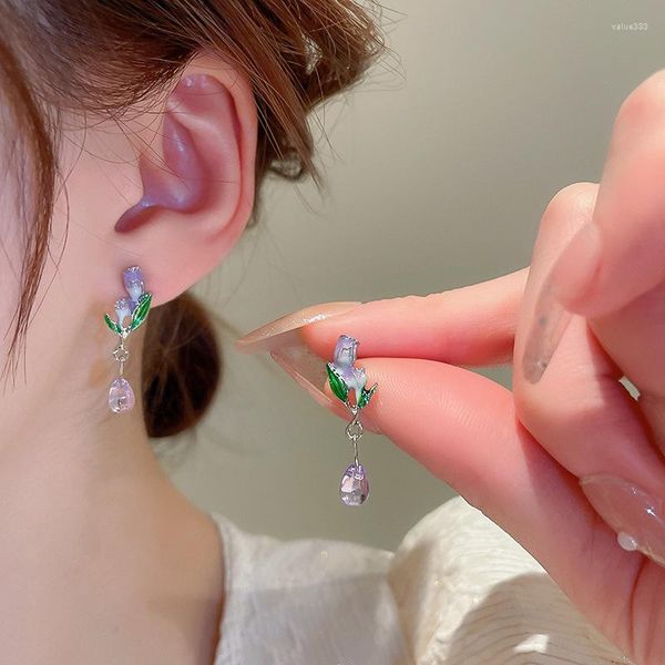 Pendientes colgantes Minar para mujer, gota de flor de tulipán esmaltada de Color púrpura a la moda, pendiente largo con borla de cristal brillante, joyería para todos los días