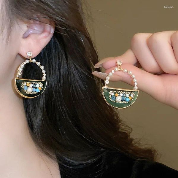 Boucles d'oreilles pendantes Minar Design Unique couleur verte demi-cercle Imitation perle strass pour femmes véritable bijoux en cuivre plaqué or